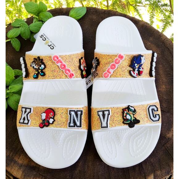 Sandals Two Straps White/Gold (W-9) Sonic Forces Charms - Picture 1 of 9
